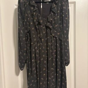 American Eagle Outfitters Balck Floral Dress with Ruffle V—Neck